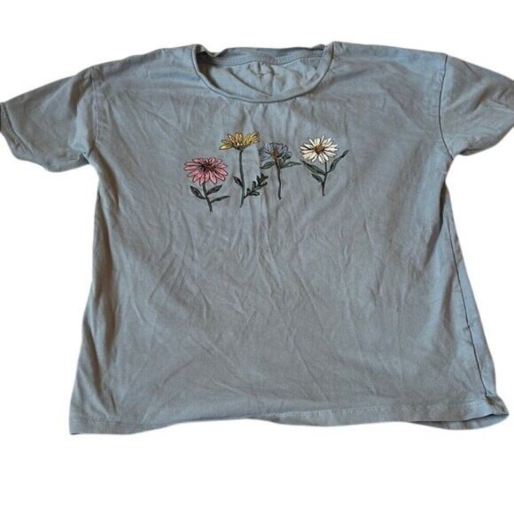 Blue kids T-Shirt Floral Embroidery Sz Large